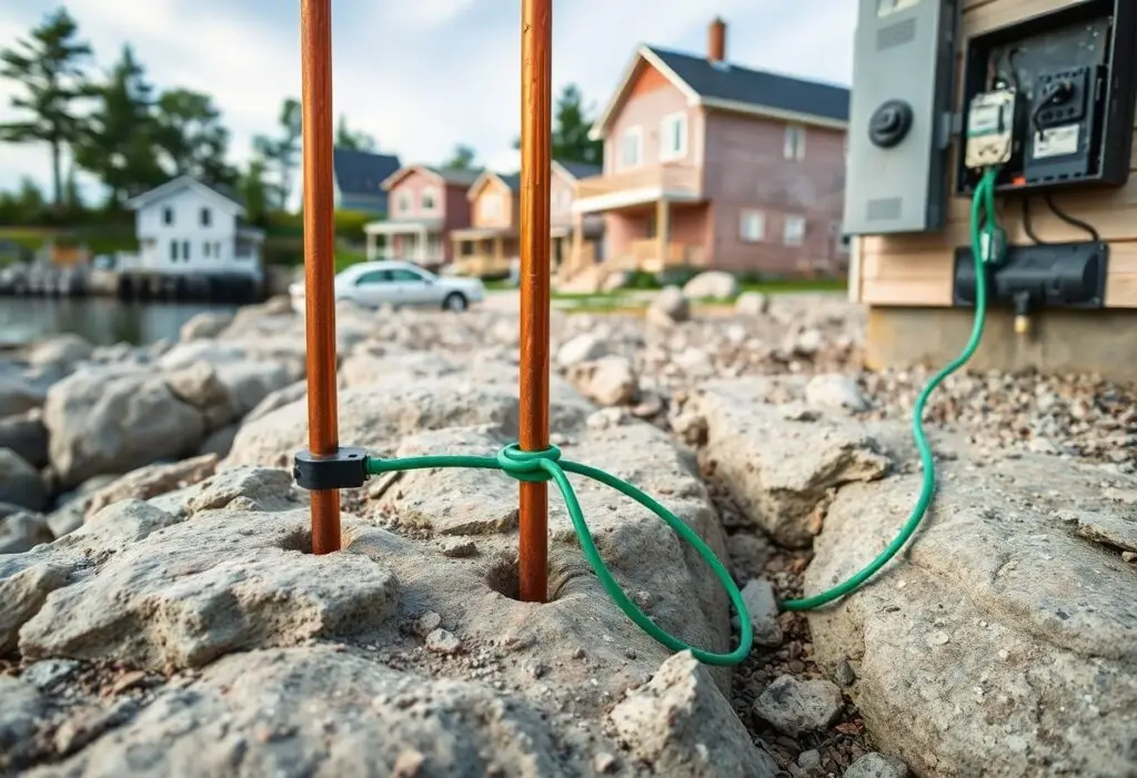 Copper water pipes anchored with a clamp on rocky ground, with a looping green cable near a utility box and waterfront houses in the background.