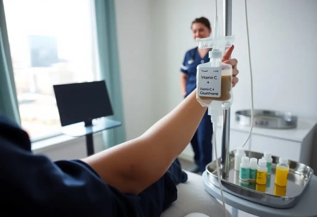 IV drip bag labeled Vitamin C attached to a stand as a nurse stands nearby in a hospital room