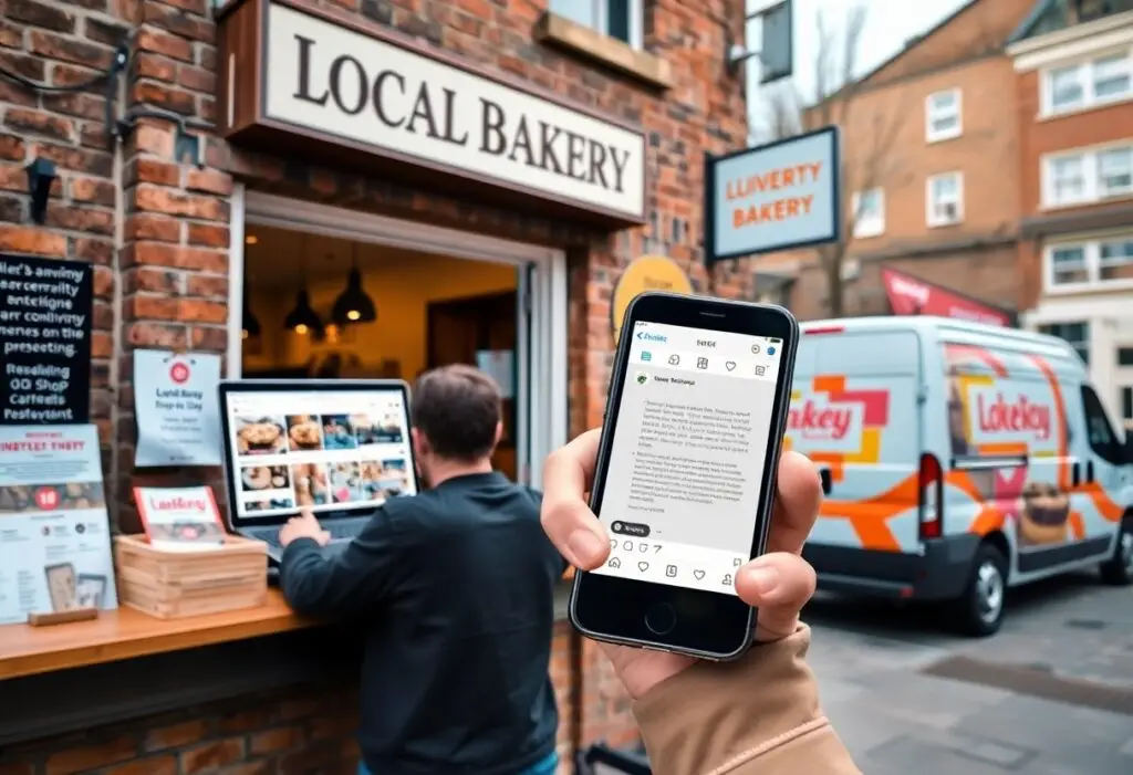 A hand holds a smartphone displaying an Instagram post in front of a local bakery storefront with a customer using a laptop at the counter behind it.
