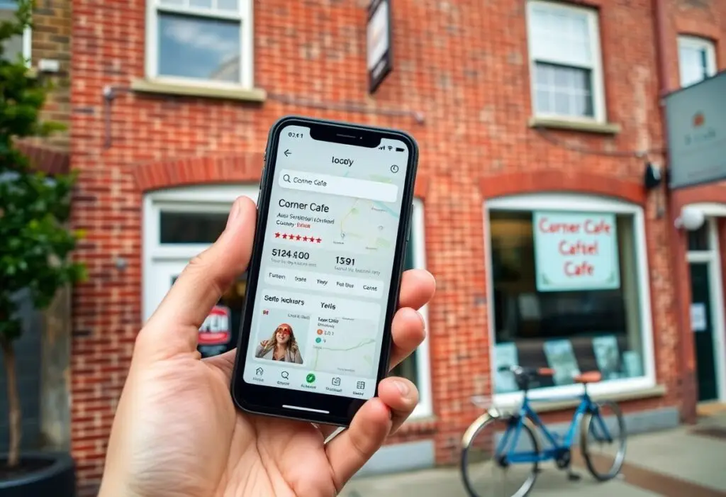 Hand holding a smartphone showing a cafe search/map app in front of a brick storefront named Corner Cafe on a street.