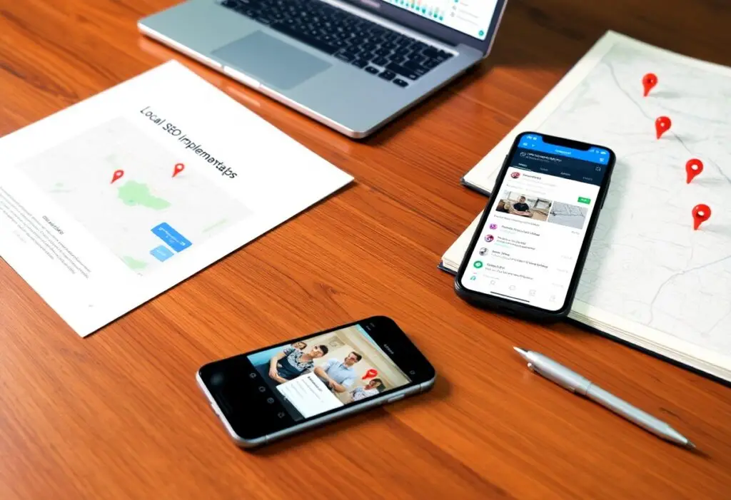 Desk setup with a laptop, two smartphones showing app feeds, and a printed map with red location pins on a wooden table (paper labeled 'Local SEO Implementations').