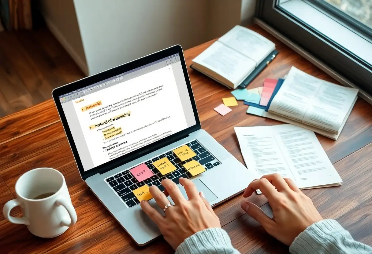 Person typing on a laptop with colorful sticky notes on the keyboard, a mug nearby and study materials on a wooden desk by a window.
