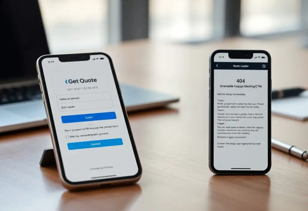 Two smartphones on a wooden desk: left screen shows a 'Get Quote' form with fields and a blue submit button, right screen shows a 404 error page text area.