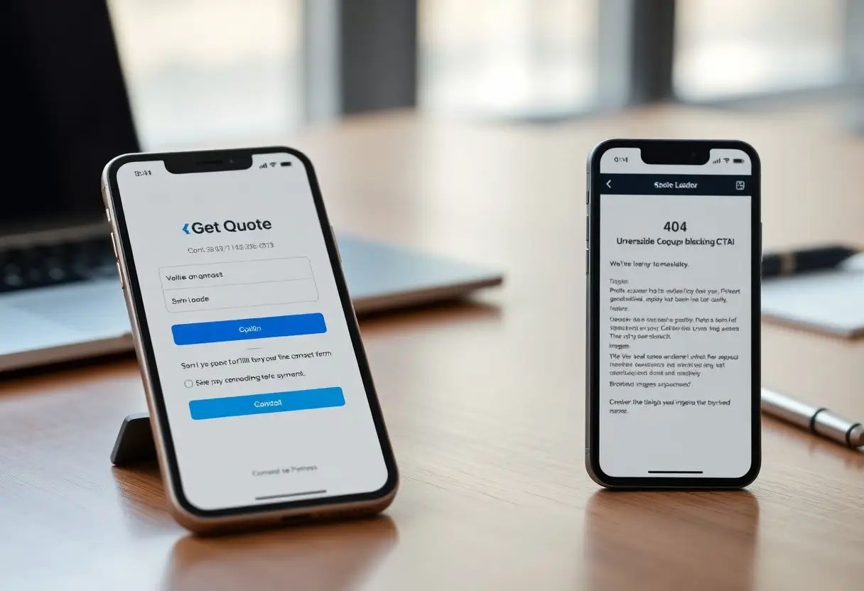 Two smartphones on a wooden desk: left screen shows a 'Get Quote' form with fields and a blue submit button, right screen shows a 404 error page text area.