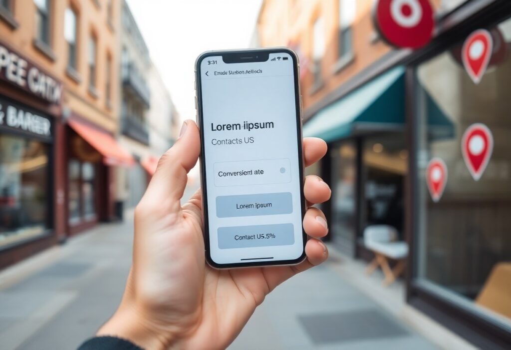Hand holding a smartphone outdoors on a city street; the screen shows a mobile app mockup with rounded blue buttons and the text 'Lorem ipsum' and 'Contacts US'