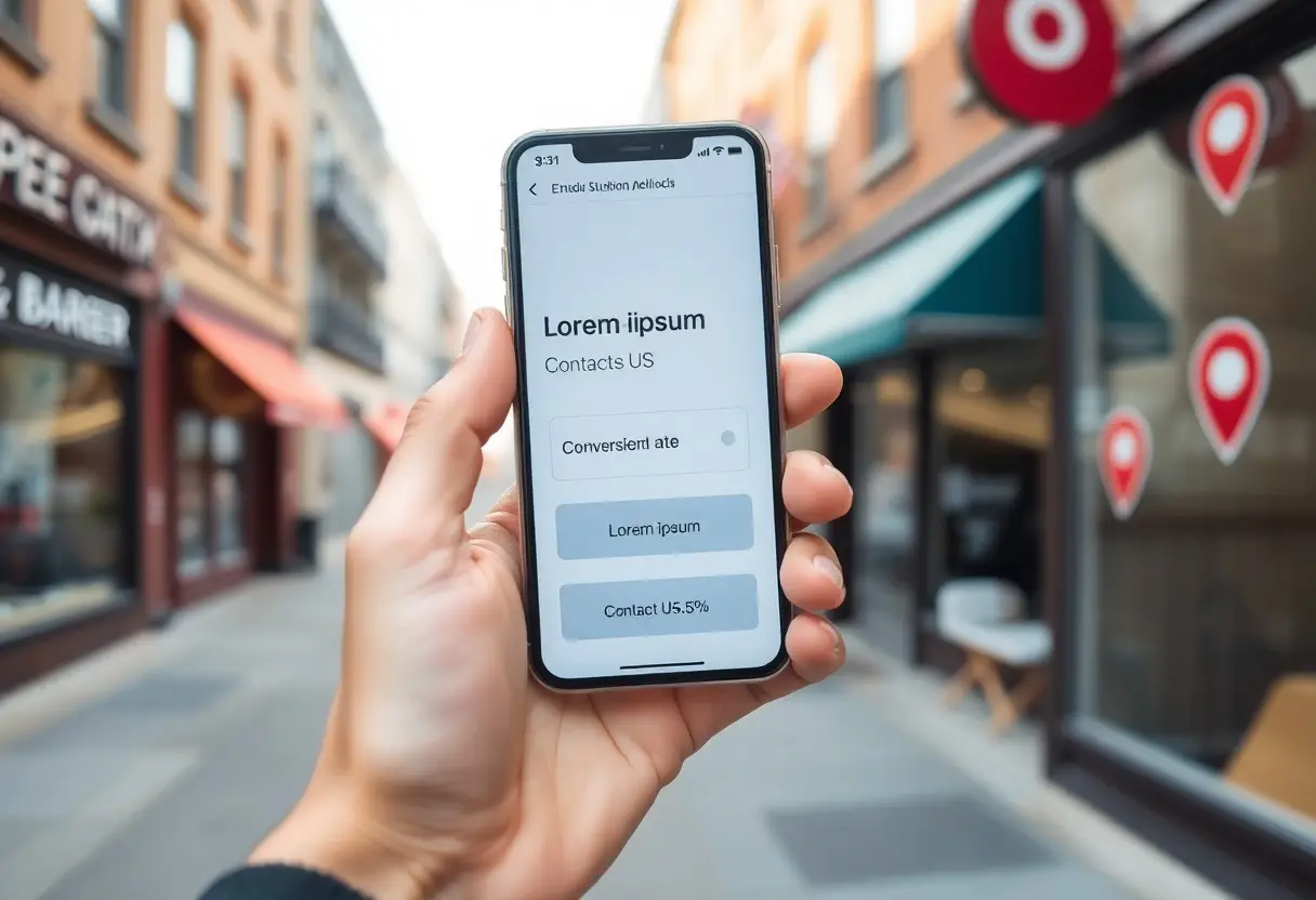 Hand holding a smartphone outdoors on a city street; the screen shows a mobile app mockup with rounded blue buttons and the text 'Lorem ipsum' and 'Contacts US'