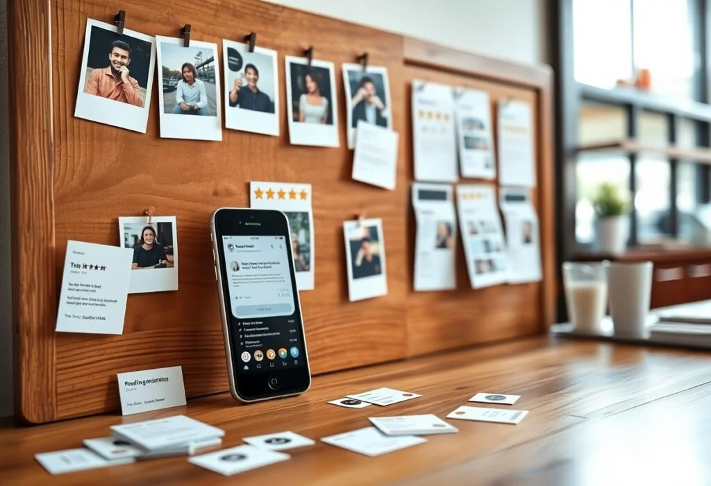 Mood board on a wooden wall with polaroid photos and notes; a smartphone rests on the desk showing messages or social app.