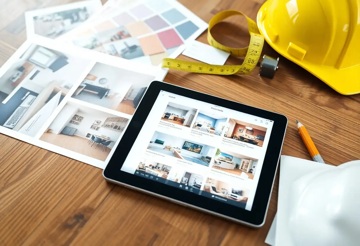 Tablet showing a modern interior design portfolio on a wooden desk, with color swatches, a yellow hard hat, measuring tape, and a pencil nearby.