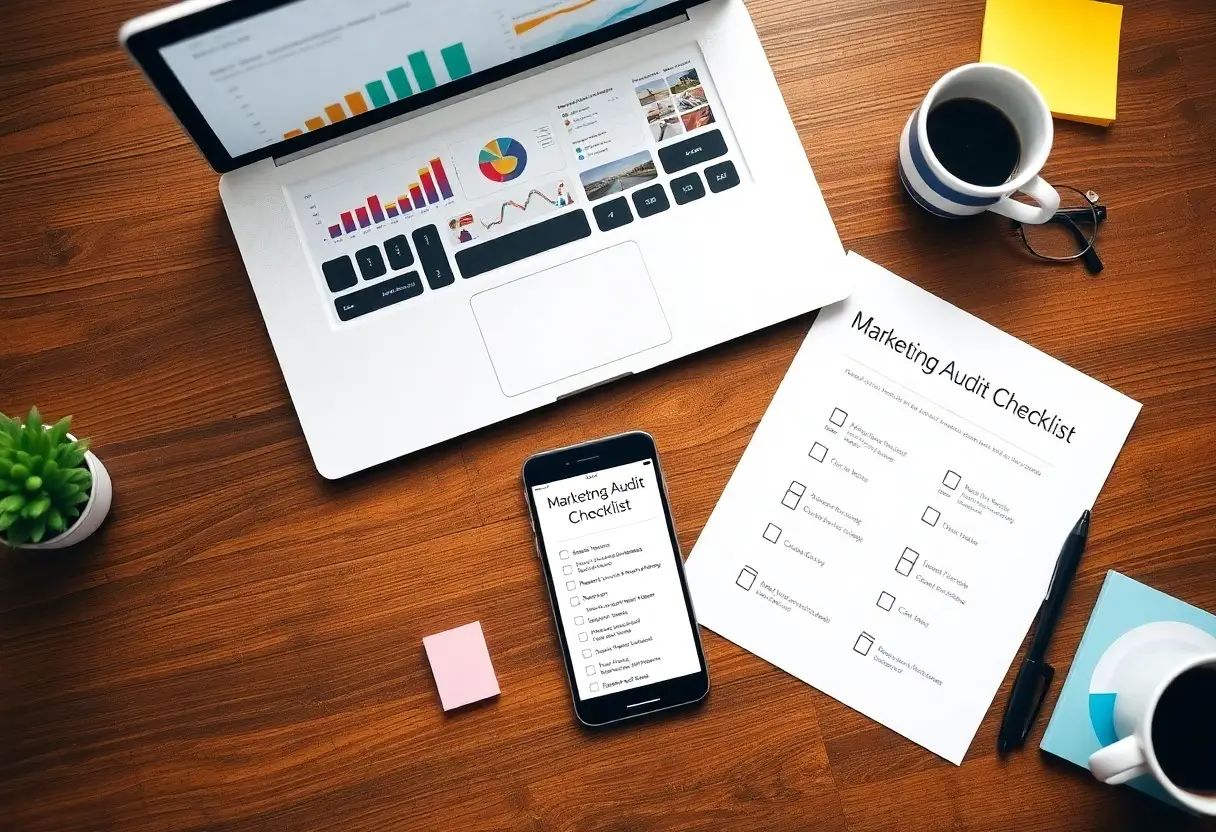 Workspace with a laptop, phone displaying a 'Marketing Audit Checklist', and a printed checklist on a wooden desk with coffee and notes nearby.