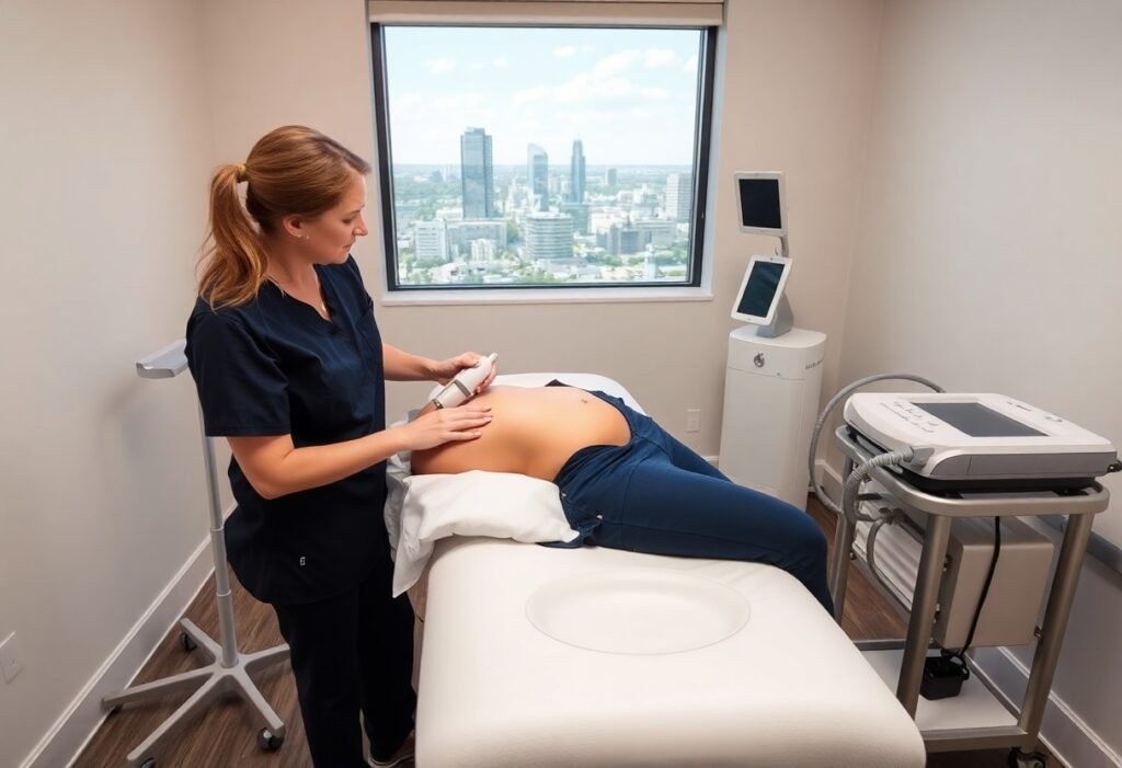 Medical professional in navy scrubs applying a handheld device to a patient's lower back during a treatment in a clinic with a city view window beyond.