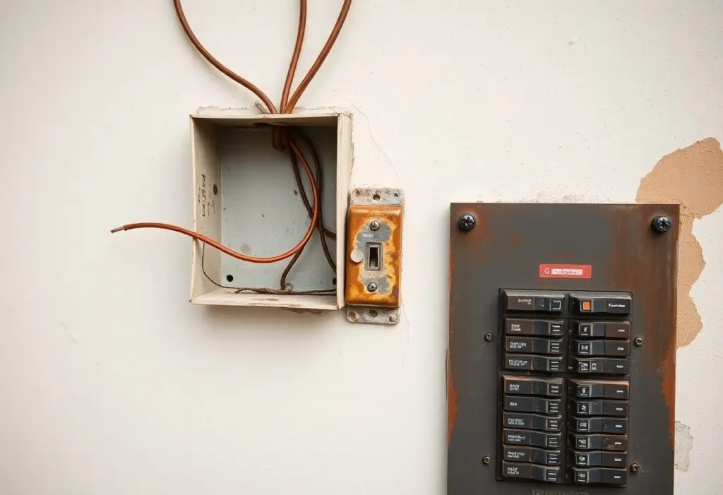 Rusty electrical panel with a mounted breaker box and an open empty junction box with tangled brown wires nearby on a wall.
