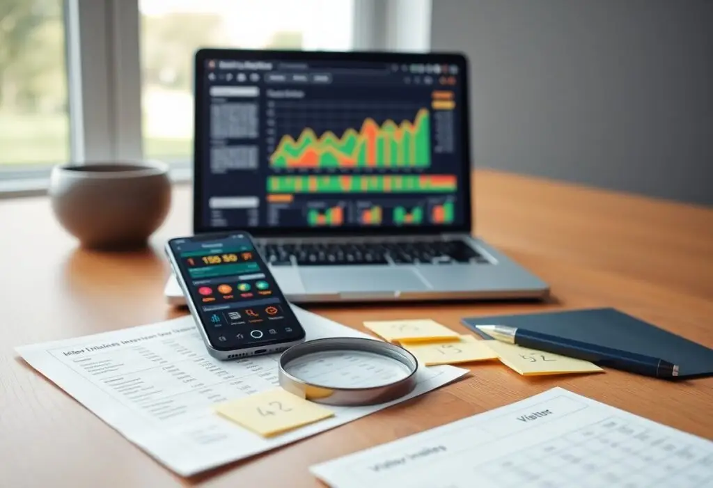 Stock market analysis setup: laptop displaying colorful charts, a finance app on a smartphone, magnifying glass, sticky notes, and reports on a wooden desk.