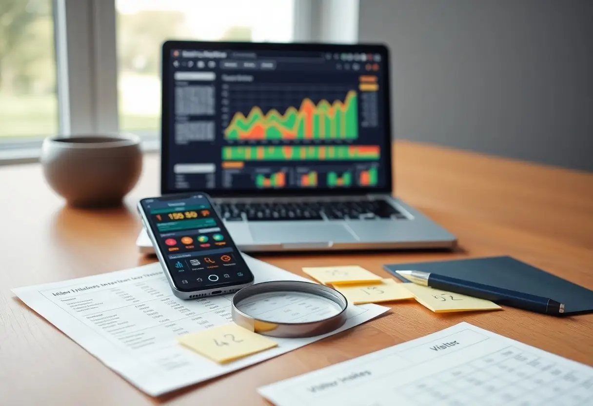 Stock market analysis setup: laptop displaying colorful charts, a finance app on a smartphone, magnifying glass, sticky notes, and reports on a wooden desk.