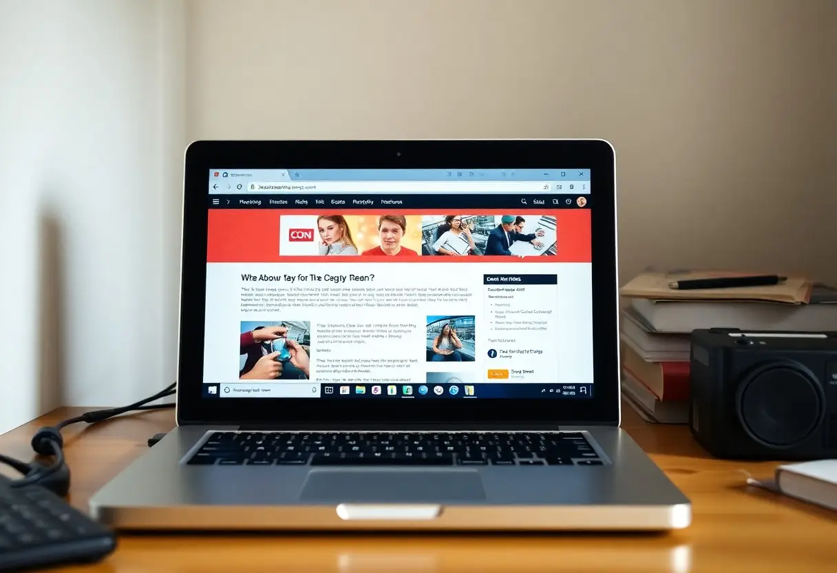 Laptop on a wooden desk shows a red-themed news site; a camera and stacked books sit to the right.