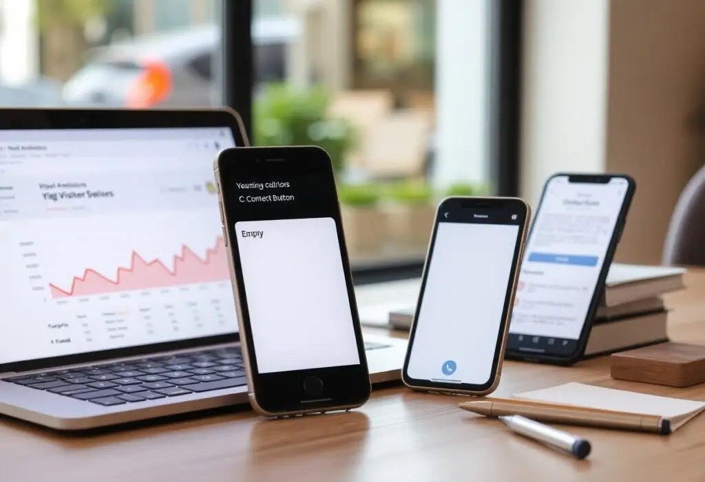 Laptop showing a line chart with a red area on a desk, flanked by three smartphones and stationery.