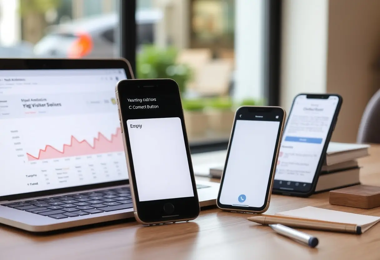 Laptop showing a line chart with a red area on a desk, flanked by three smartphones and stationery.