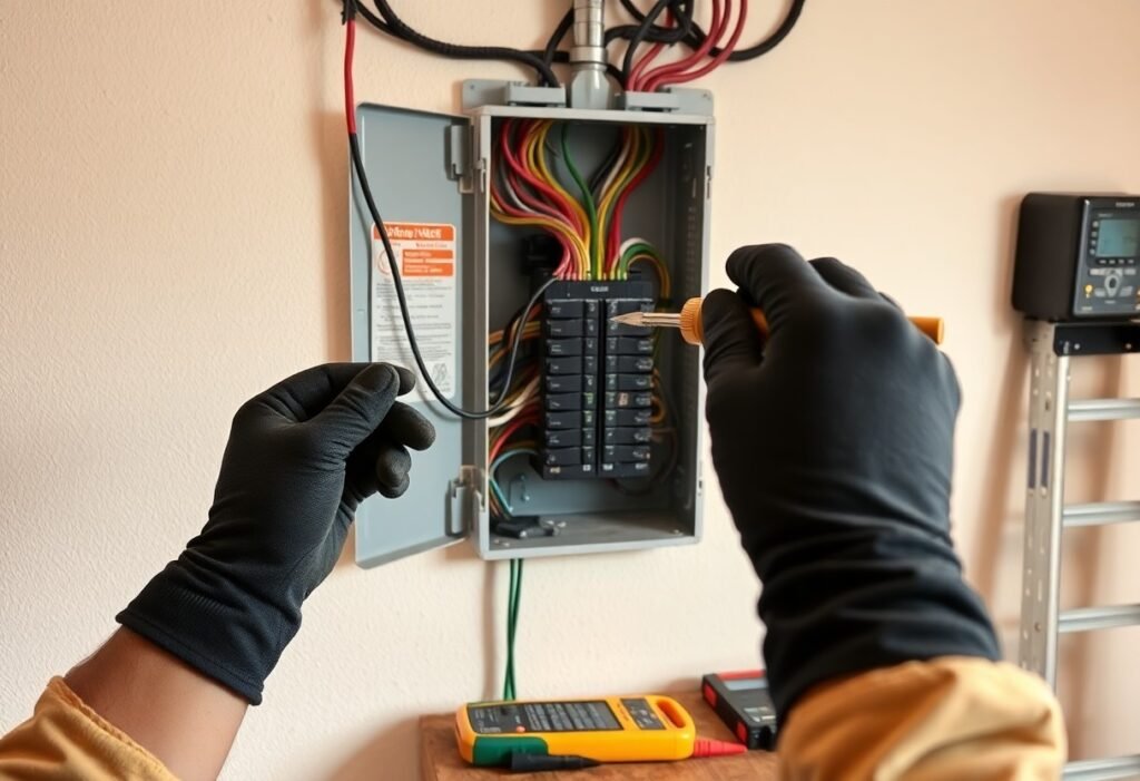 Technician wearing gloves uses a screwdriver to inspect an open electrical panel with colorful wires nearby.