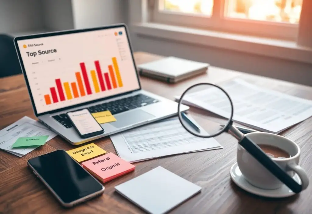 Laptop screen shows a colorful 'Top Source' bar chart with marketing notes on sticky notes (Google Ads, Email, Organic, Referral) on a wooden desk with a phone, magnifier, and coffee cup in view.