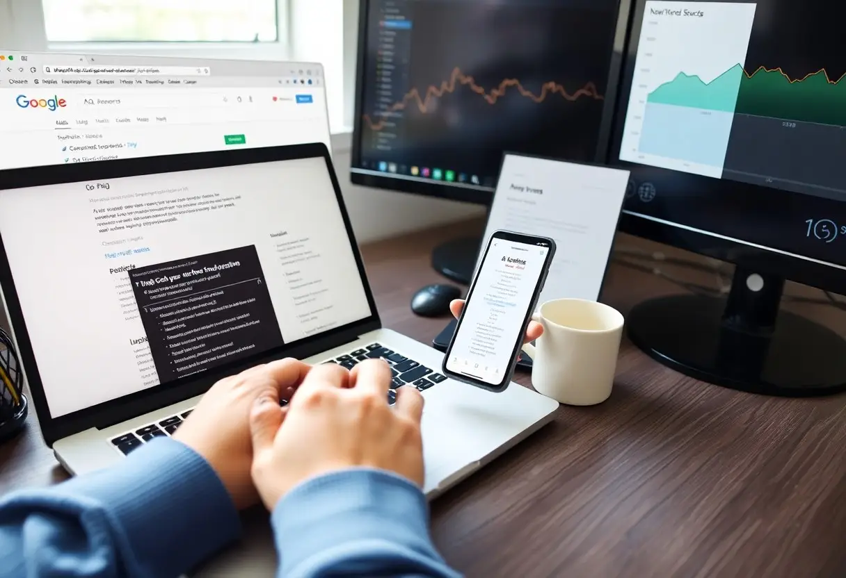Person typing on a laptop while holding a smartphone; desk with mug and two monitor screens displaying charts and graphs on the side.