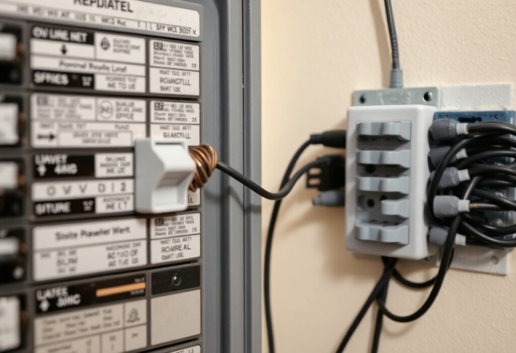 Close-up of a labeled electrical distribution panel with many breakers and a copper wire connected to a slot, plus a wall-mounted terminal block on the right with cables.