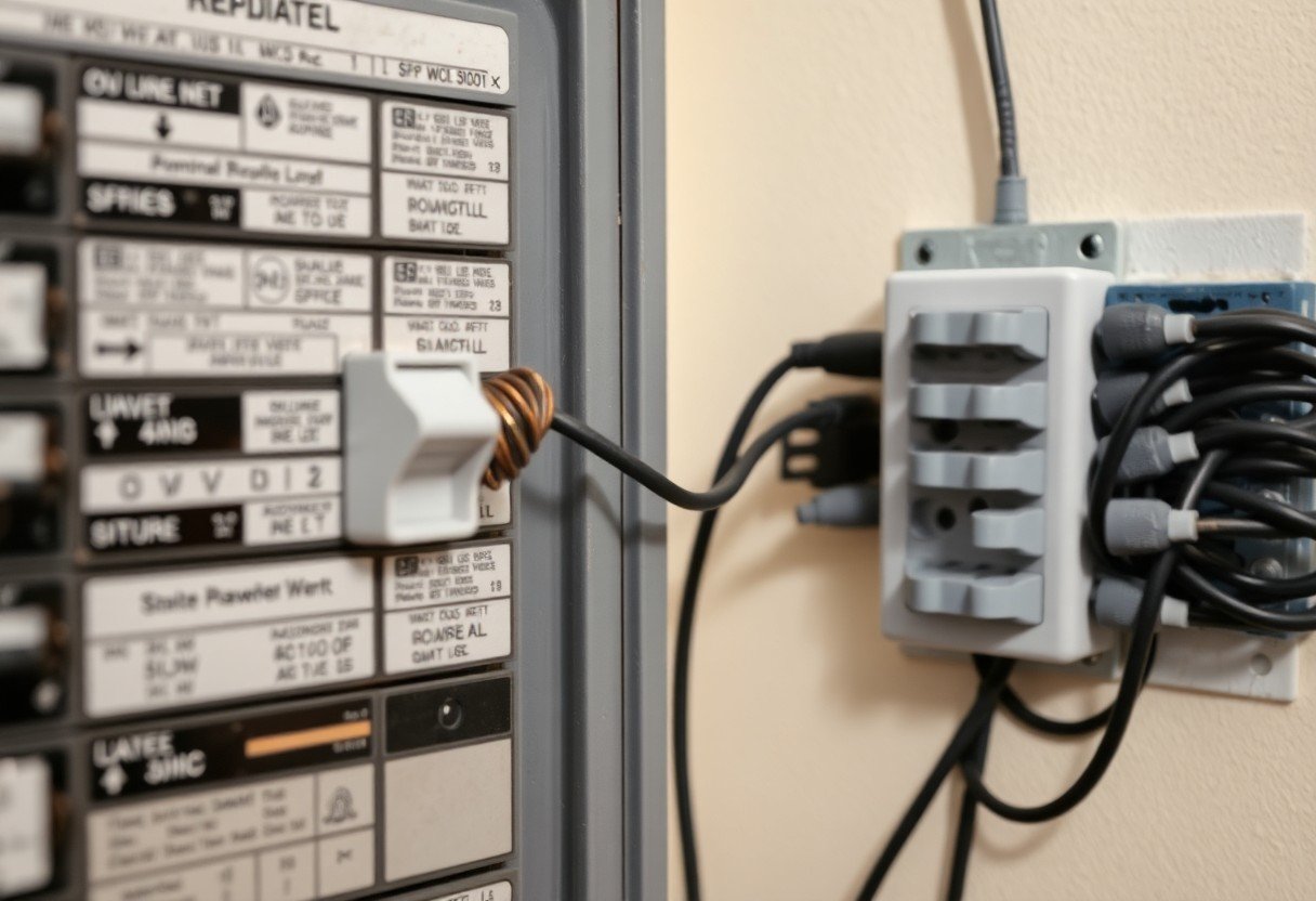 Close-up of a labeled electrical distribution panel with many breakers and a copper wire connected to a slot, plus a wall-mounted terminal block on the right with cables.