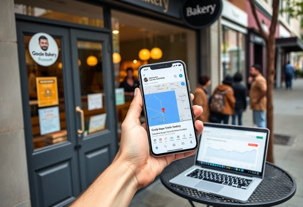 Close-up of a hand holding a smartphone displaying a map pin outside a bakery; a laptop rests on a round outdoor table nearby.