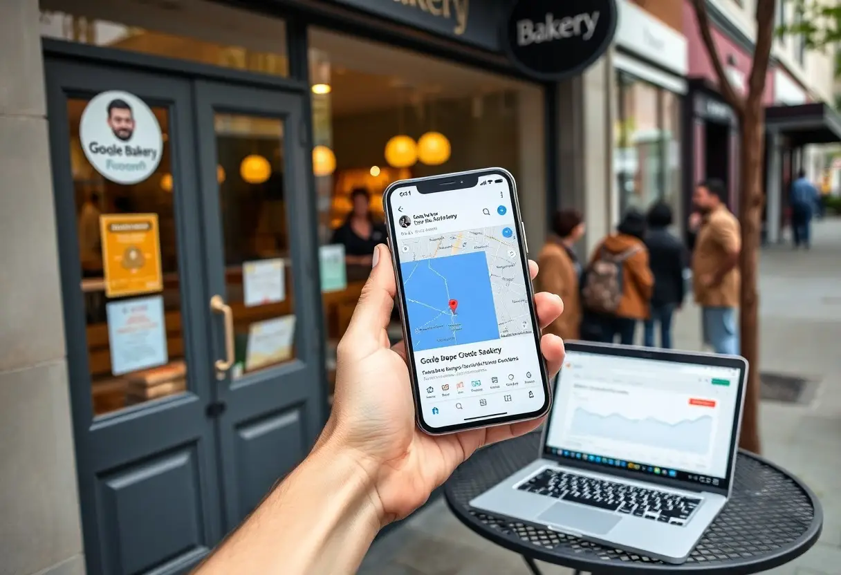 Close-up of a hand holding a smartphone displaying a map pin outside a bakery; a laptop rests on a round outdoor table nearby.