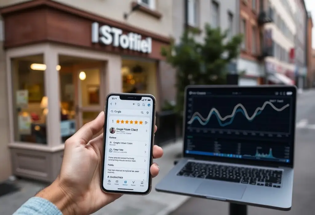 Person holds a smartphone showing Google search results while a laptop on a stand displays a line chart on a city street in front of a storefront.