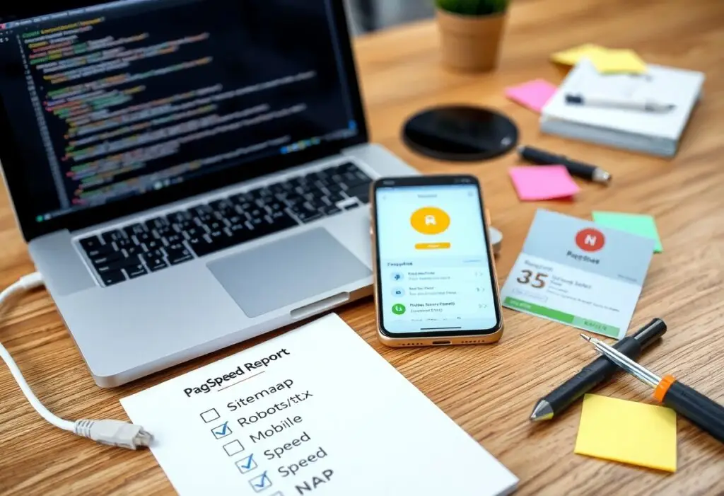 Open laptop with colorful code on a wooden desk, beside a smartphone and a PageSpeed report form with checkboxes and notes items nearby.