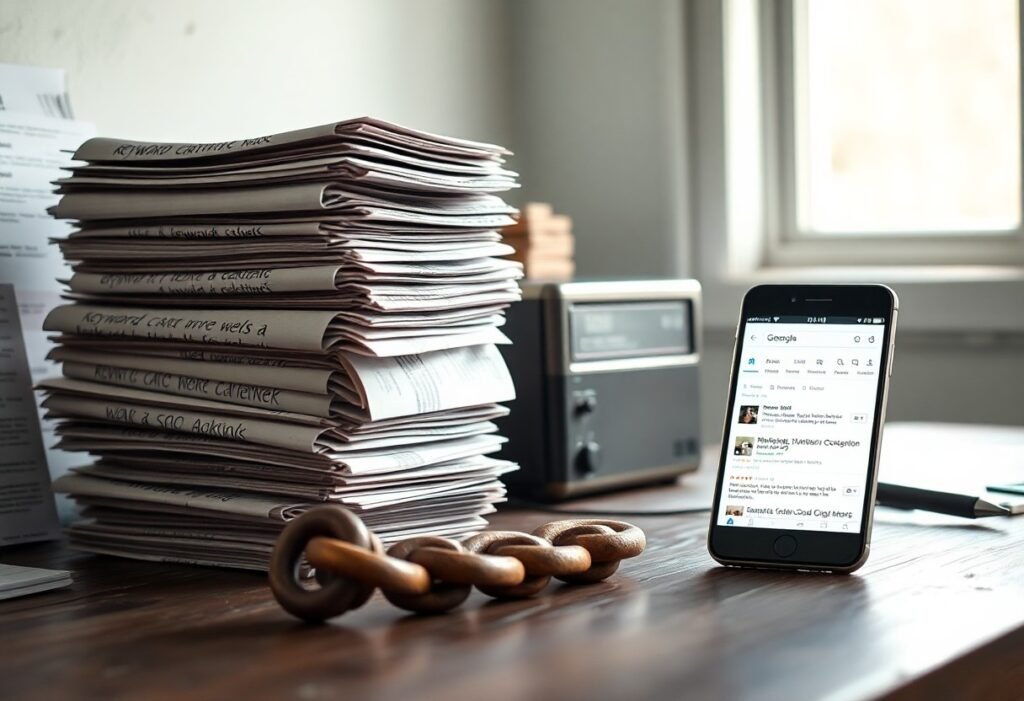 Desk with a tall stack of folded newspapers, a vintage radio, a smartphone showing a Google search, and a wooden chain on the table.