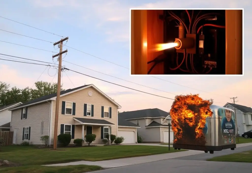 Wide shot of a suburban street with a large flaming trailer burning near the curb, houses and power lines in the background; inset shows a close-up of a flame issuing from electrical equipment inside a panel.