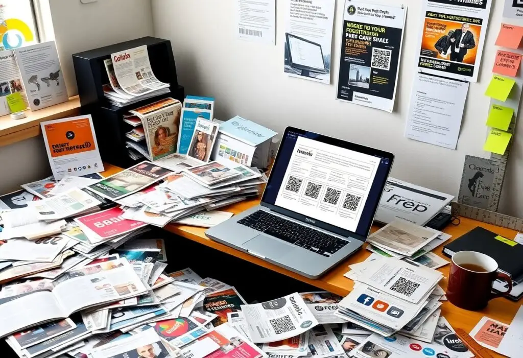 Messy desk with a laptop displaying a page of QR codes, surrounded by scattered newspapers, magazines, and a coffee mug.