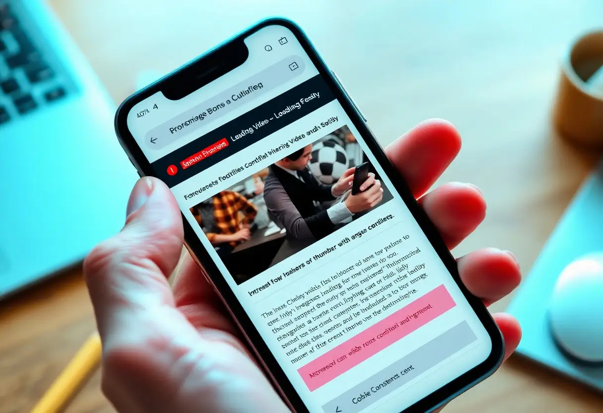 Hand holding a smartphone displaying a news article with a photo and highlighted text blocks.