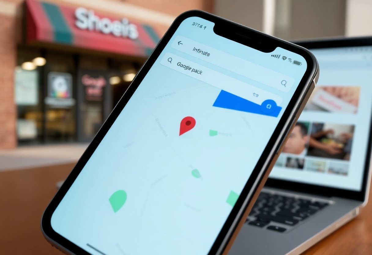 Smartphone screen showing a map with a red location pin near a storefront, laptop in the blurred background.