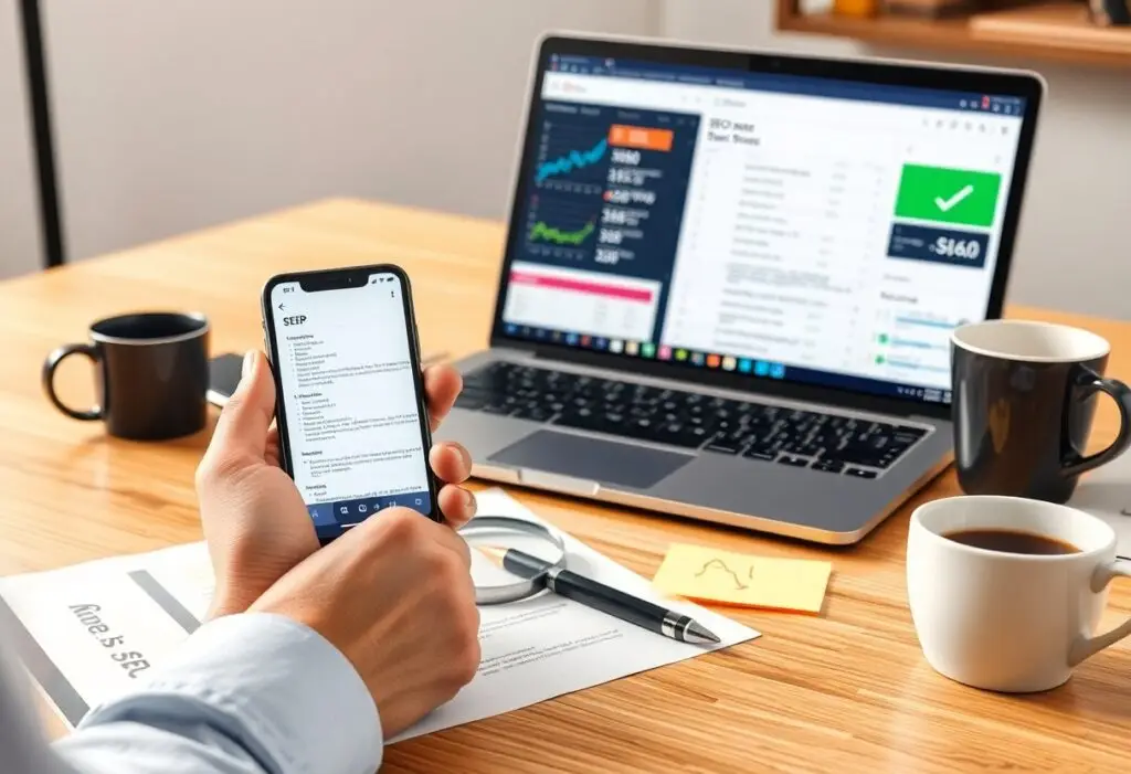 Person holds a smartphone showing a document while a laptop with a financial dashboard is open on a desk. A coffee cup, mug, notebook, and pen are nearby.