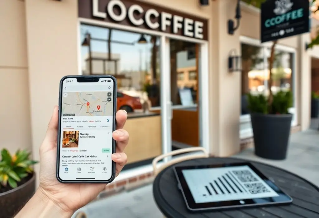 Hand holds iPhone showing a map with pins outside a cafe storefront.