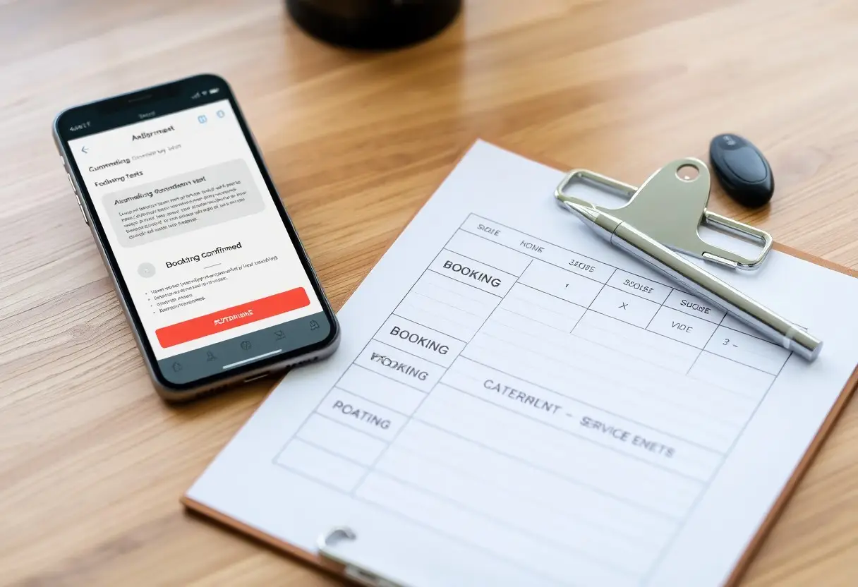 Smartphone showing a booking app next to a clipboard with a form labeled BOOKING on a wooden desk.