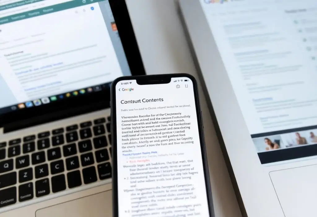 Phone displays a dense text document with a visible heading, placed on a desk between a laptop keyboard and a blurred monitor in the background.