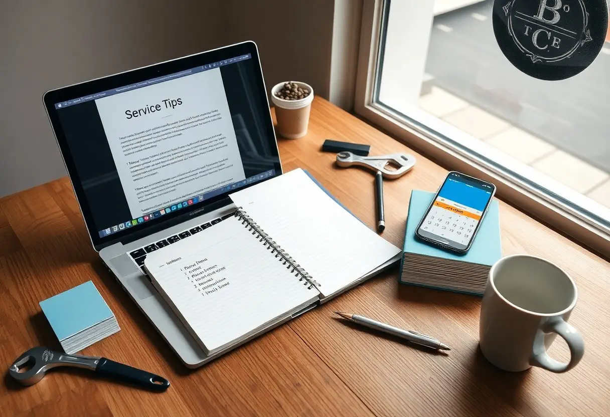 Desk scene with a laptop showing a document titled 'Service Tips', a spiral notebook, a wrench, a calendar app on a smartphone, a coffee mug, and blue sticky notes on a wooden desk by a window.