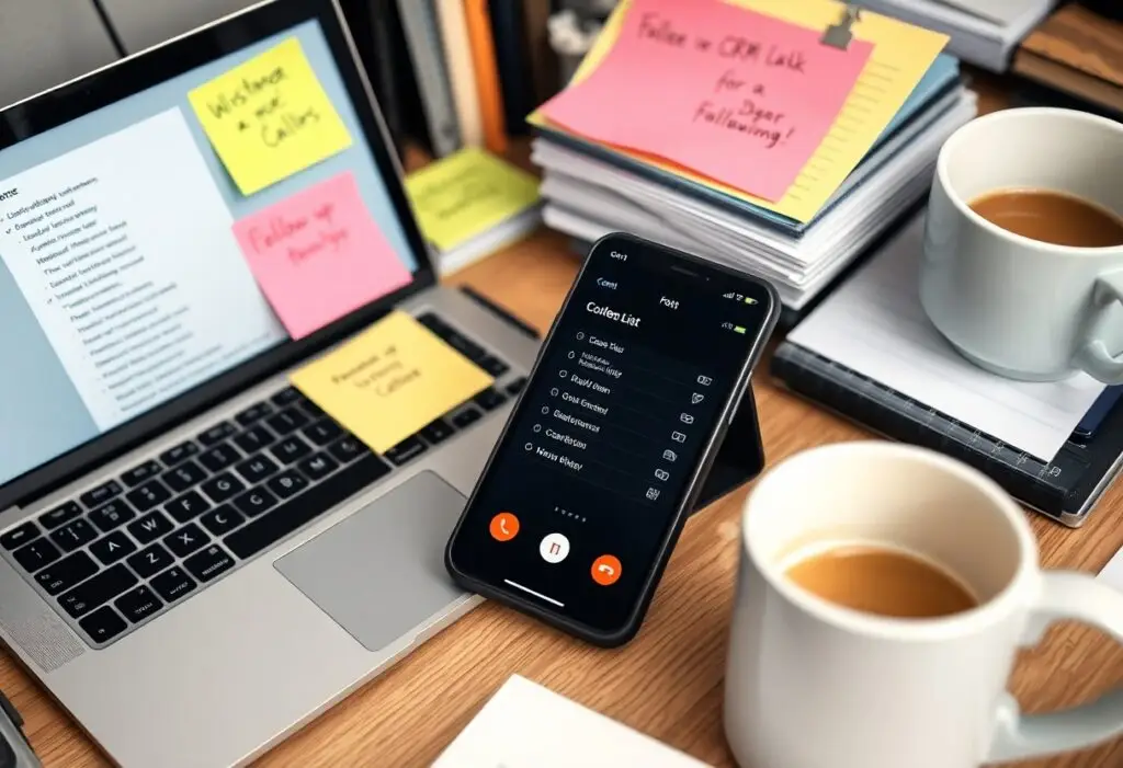 Desk workspace showing a laptop with colorful sticky notes on screen, a smartphone in call mode, and two coffee mugs among books and notebooks.