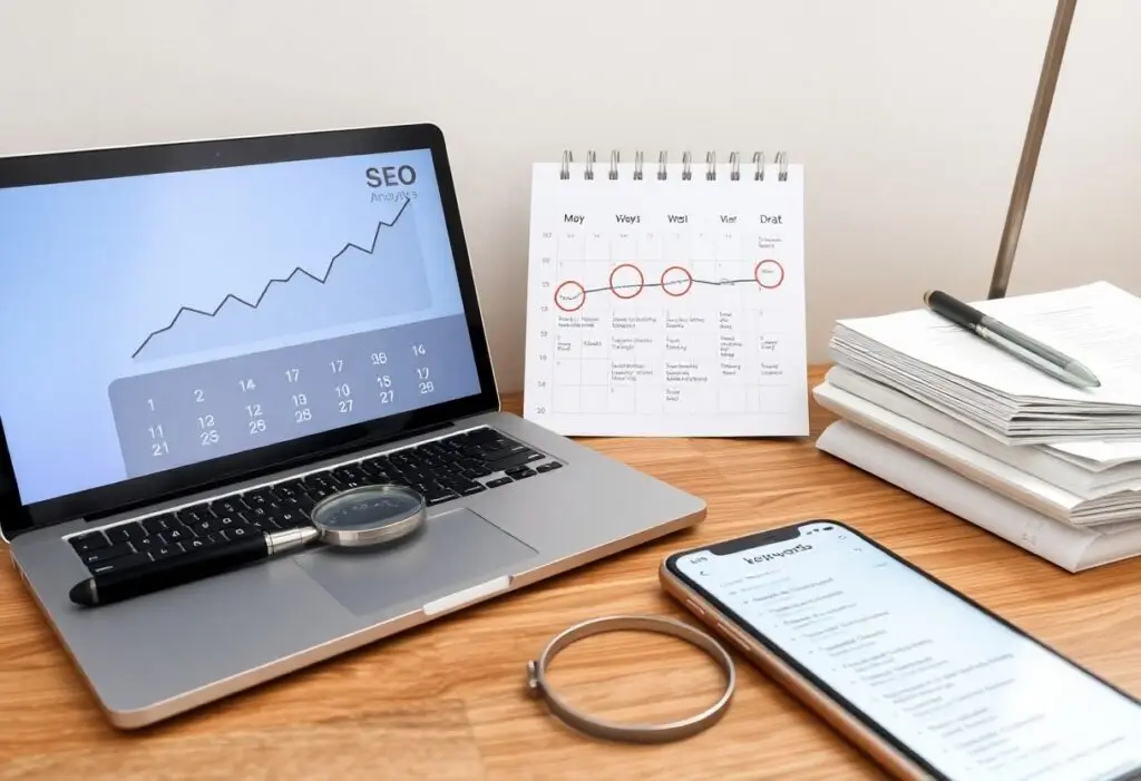 Laptop showing an SEO analytics chart on a rising trend, with a calendar stand and a smartphone displaying a keyword list on a wooden desk.