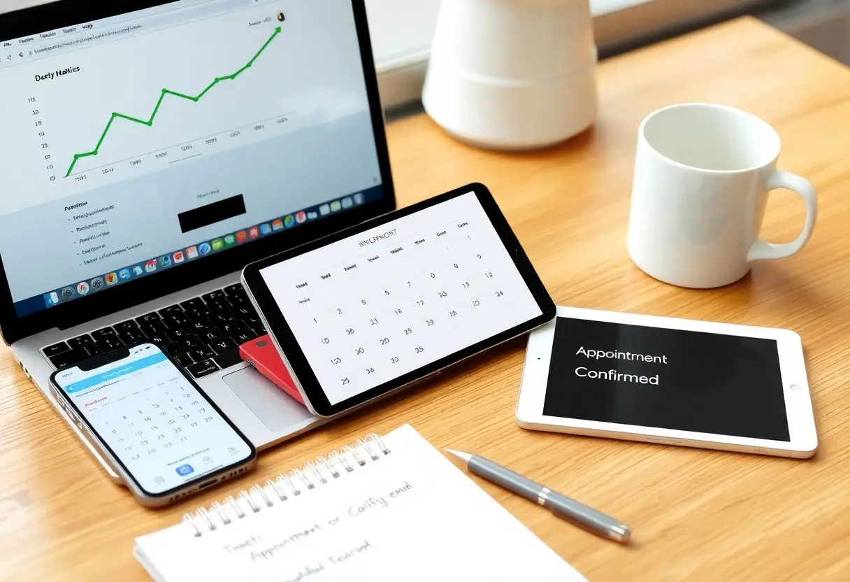 Desk workspace with a laptop showing a rising chart, a tablet calendar, a smartphone, a tablet displaying 'Appointment Confirmed', a mug, notebook and pen.