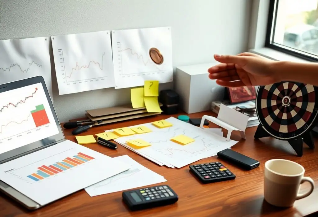 Busy office desk with charts and graphs on papers and a laptop, sticky notes with question marks, calculator, phone, mug, and a dartboard by the window; a hand reaches across the desk.