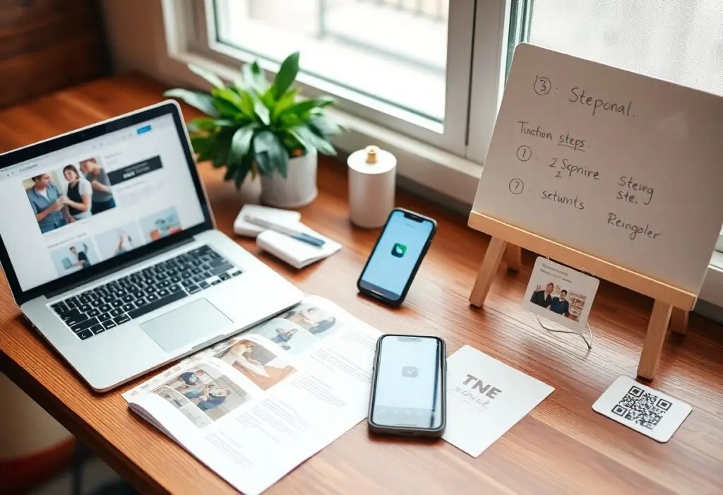 Workspace with a laptop, two smartphones, an open magazine, a plant, and a whiteboard on a stand by a window.