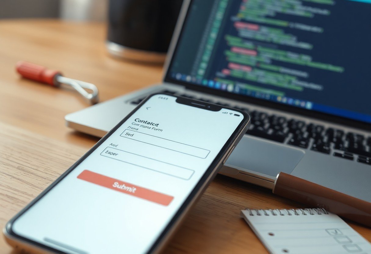Phone screen shows a contact form with name and email fields and a red Submit button on a wooden desk beside a laptop with code in the background, notebook nearby and a tool in view.