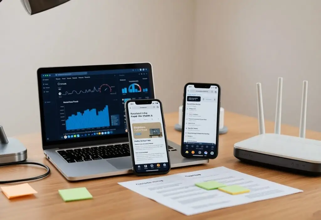 Desk setup with laptop showing charts, two smartphones on stands, a white router, and printed documents with sticky notes.