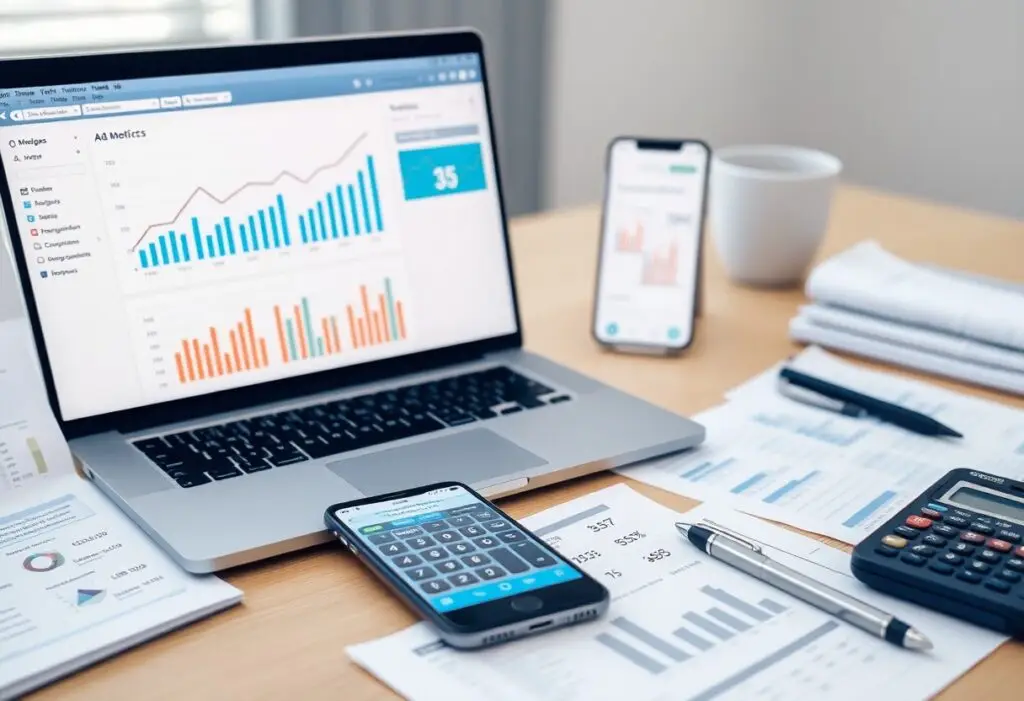 Laptop screen shows colorful business charts and graphs with a desk full of financial reports and devices nearby to suggest analytics work era,” but that is not concise.
