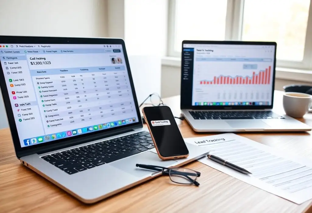 Two laptops on a desk display analytics dashboards, a smartphone shows a 'Lead Tracking' alert, and a printed lead-tracking sheet sits nearby.