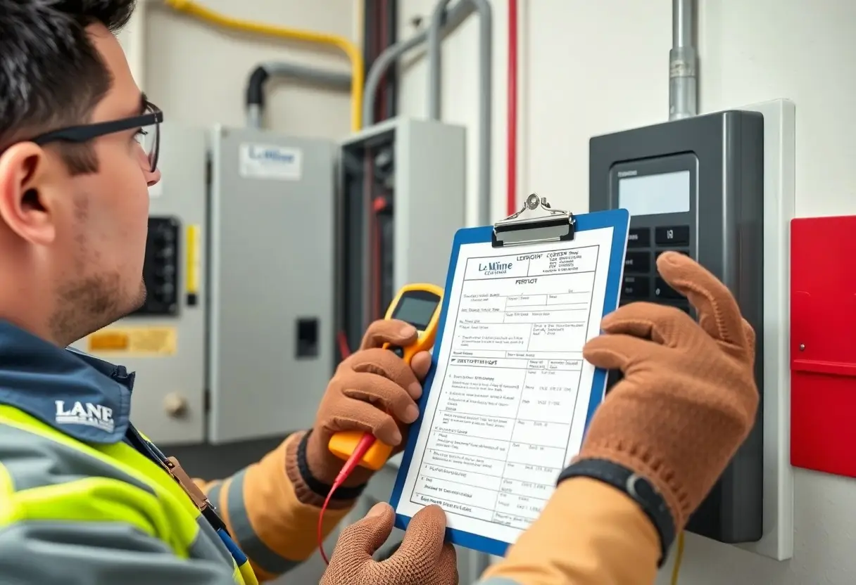 Industrial maintenance worker in high-visibility gear tests an electrical panel with a handheld meter and clipboard with data form on it.