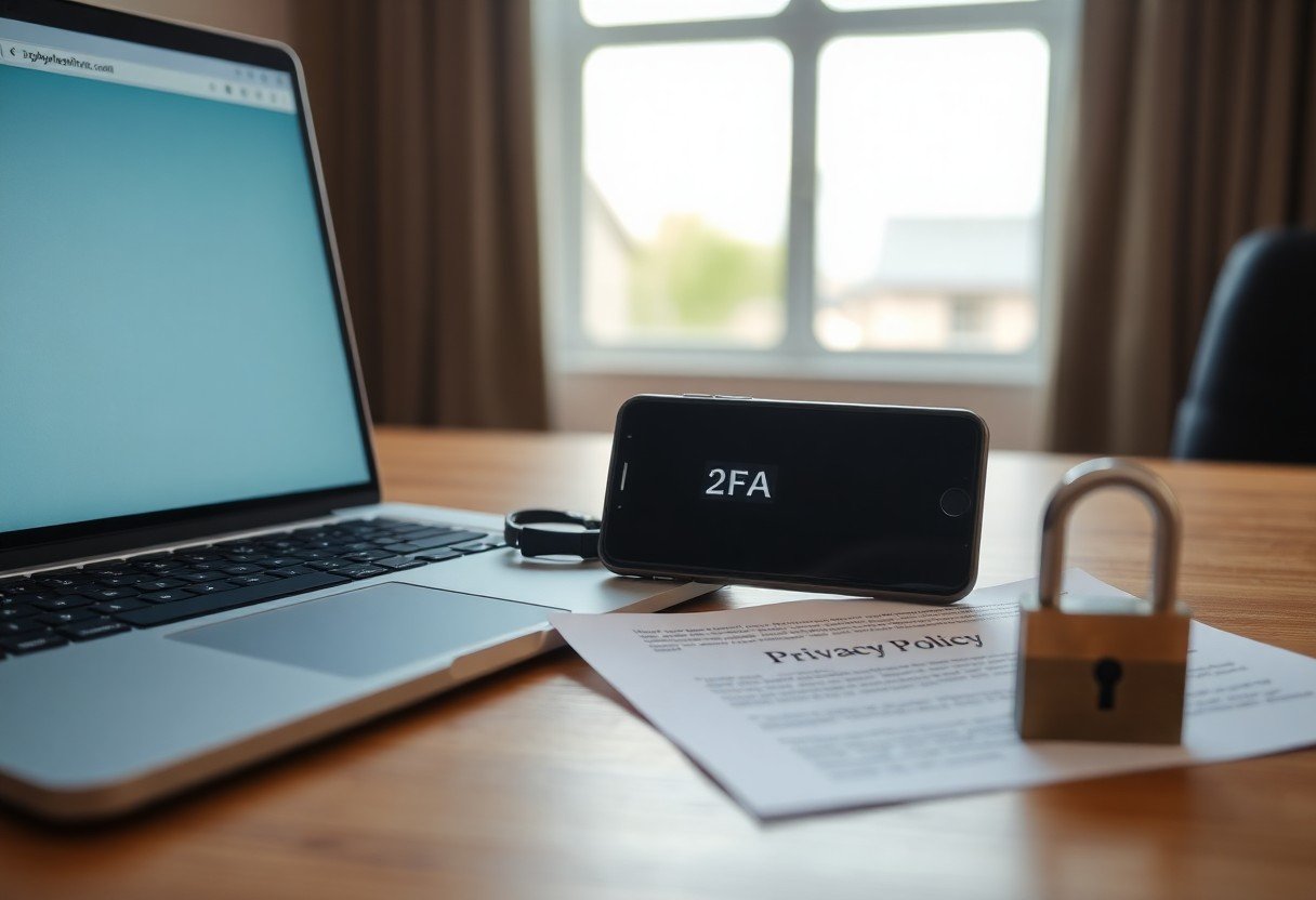 Laptop on a desk with a smartphone showing '2FA', a privacy policy document, and a padlock for security.